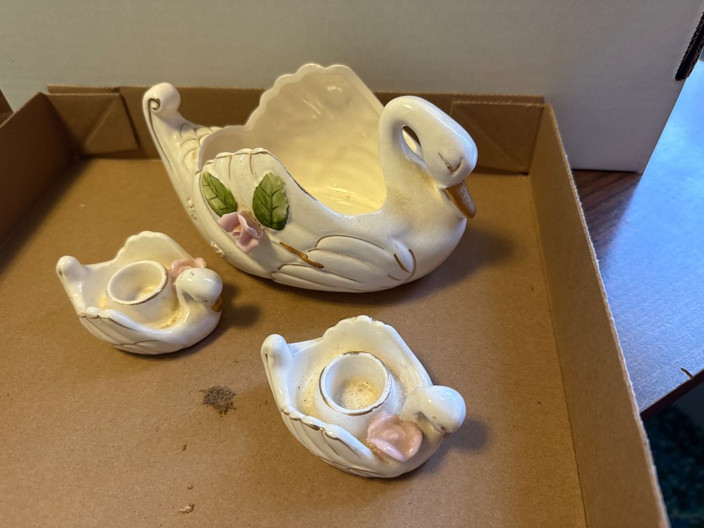 Vintage Artmark Japan 3 Piece Swan Vase and Candle Holders
