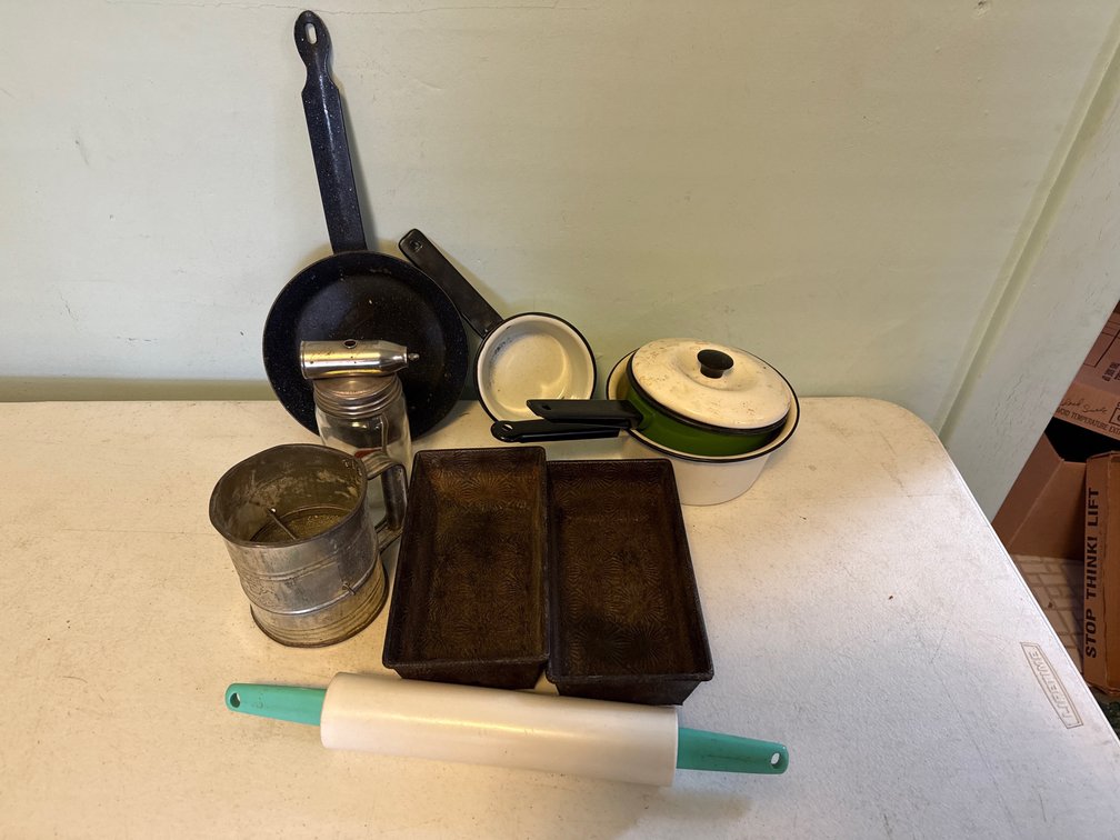 Vintage Pots, Baking Pans, Sifter, Rolling Pin