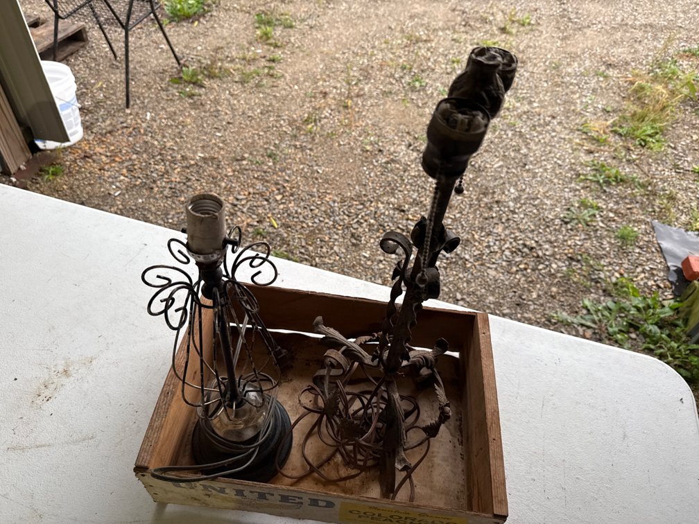 Crate with Old Table Lamps, Shades, Globes