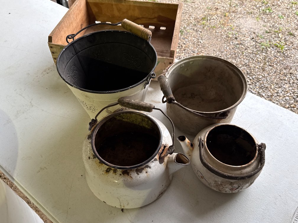 Crate with Old Tea Pots, Pails
