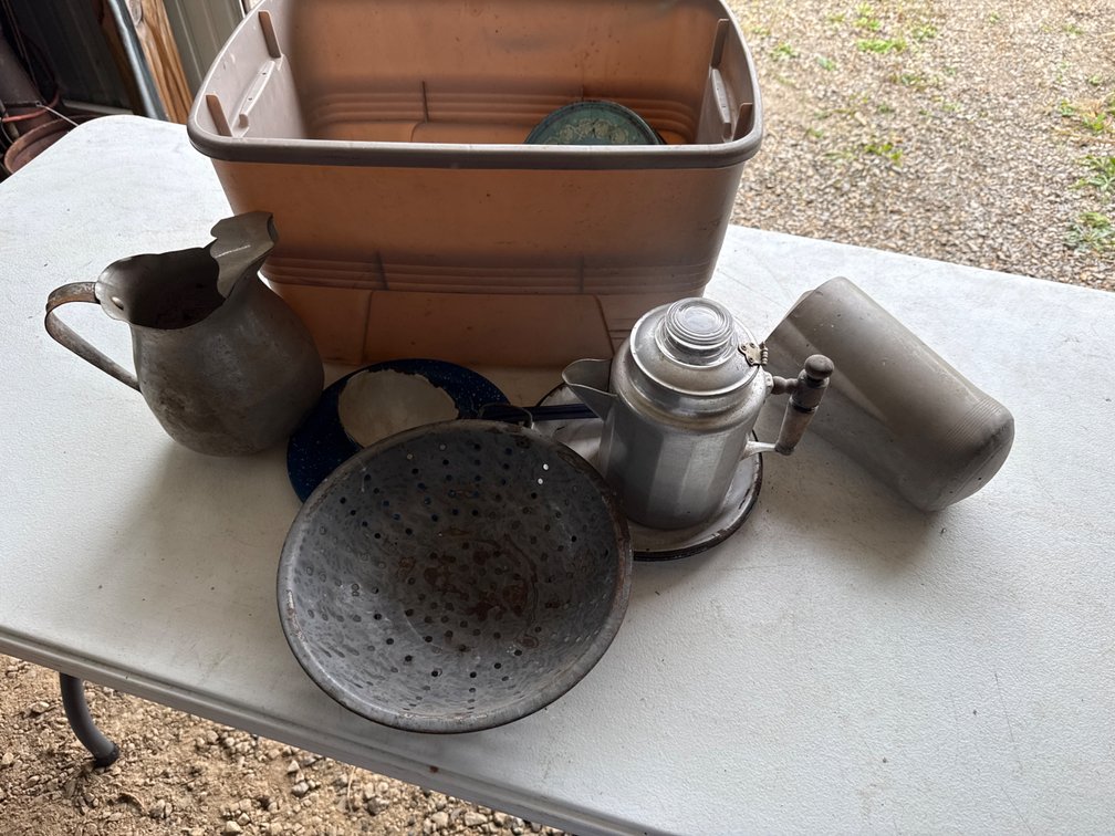 Tote with Gray Granite Colander, Tea Pots, Enamel Ware