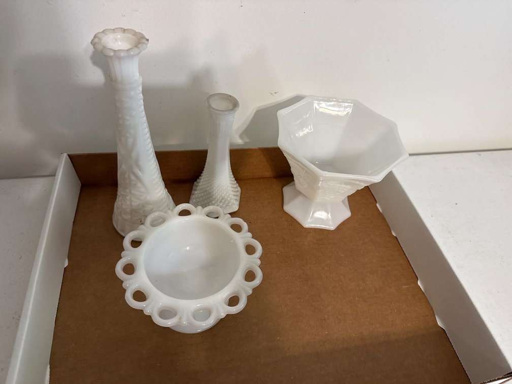 Milk Glass Vases, Dishes