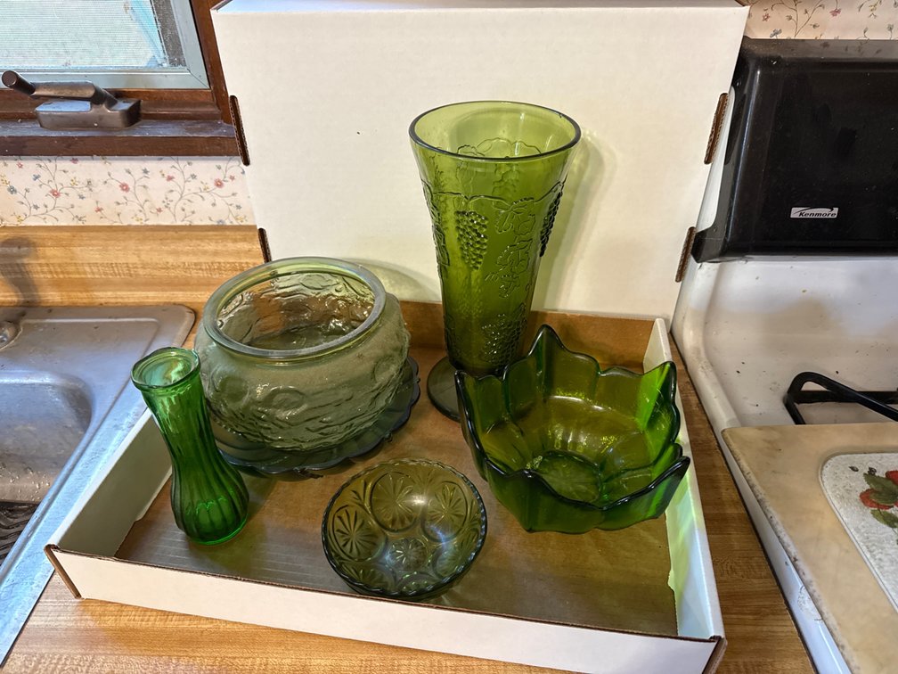 Vintage Green Glass Pieces-Lotus Spiked Flower Bowl, Indiana Glass Grapevine Vase, Candy Dishes