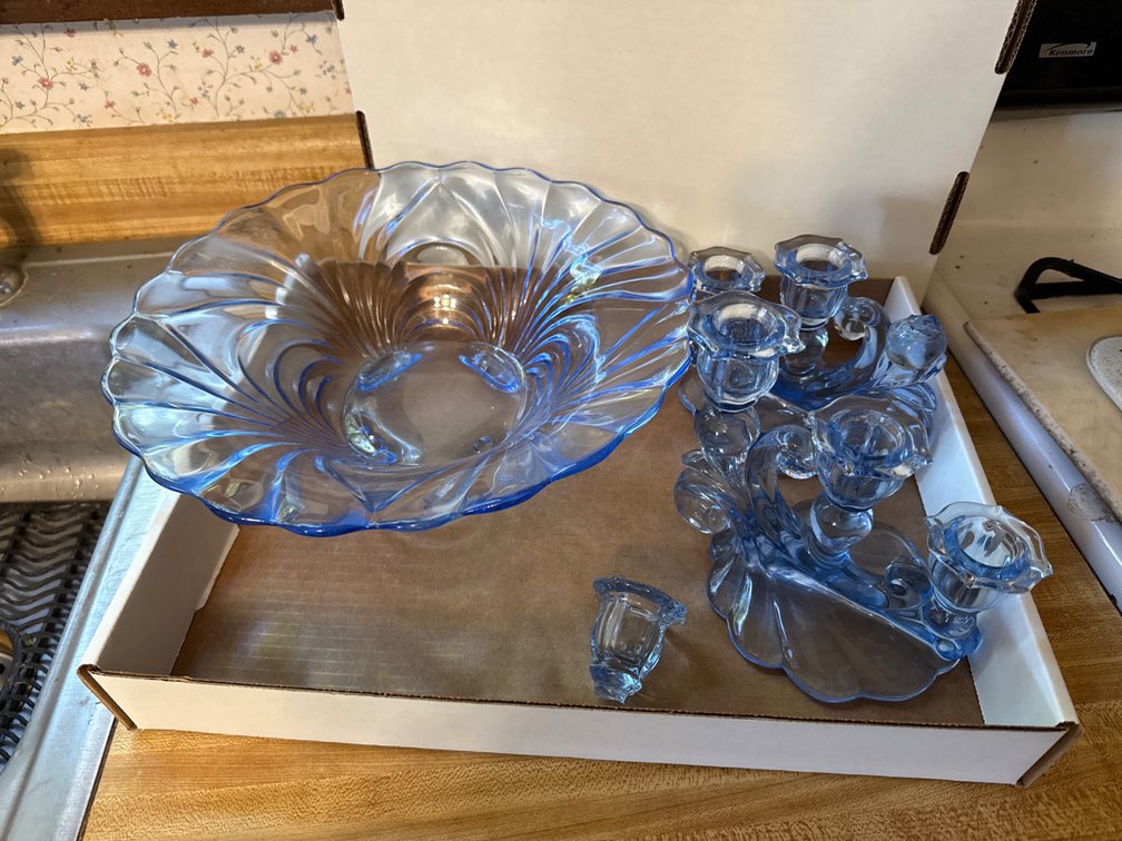Cambridge Caprice Moonlight Blue Footed Bowl, Candle Sticks-1 Broken