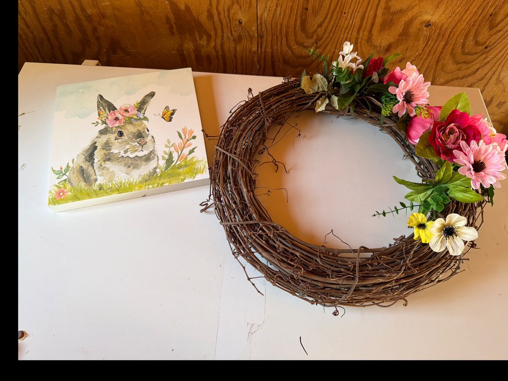 Wood Bunny Wall Plaque, Grapevine Wreath
