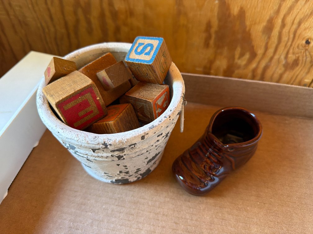 Old Blocks in Pail, Glass Baby Shoe Decoration