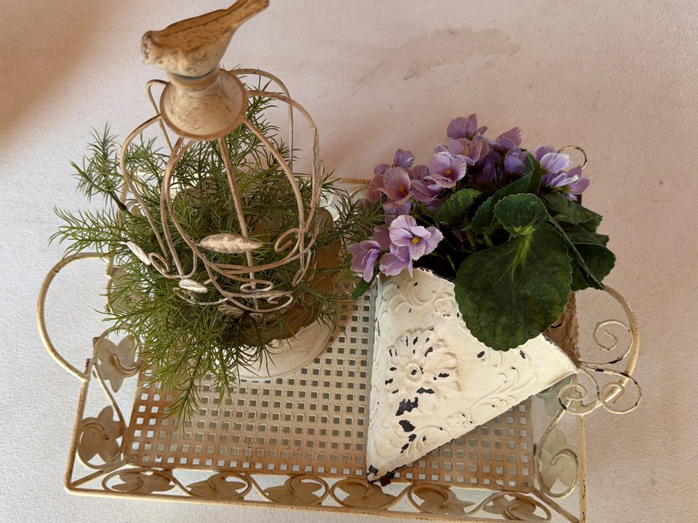 White Metal Home Decor-Tray, Birdcage, Floral