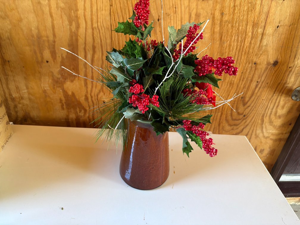 Brown Crock Pitcher with Holiday Florals