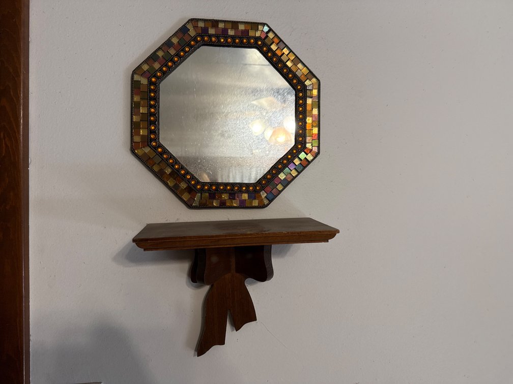 Mirror and Wood Wall Shelf