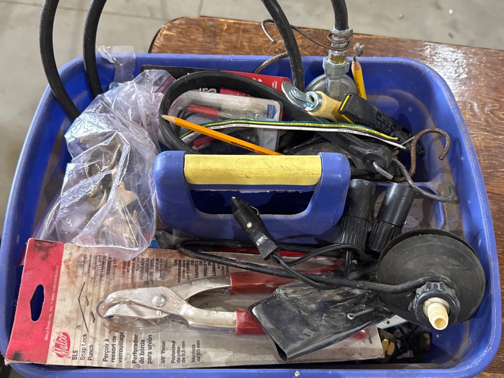 Tote of Miscellaneous Hardware, Tools