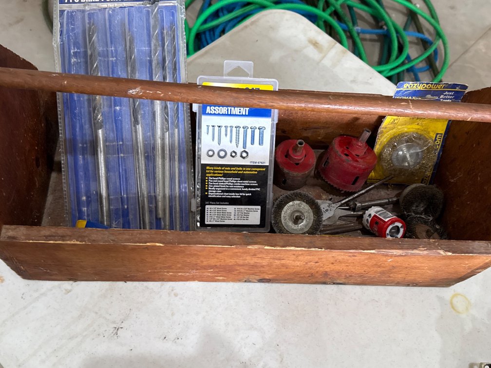 Wood Box with Drill Bits, Hole Saws, Tools