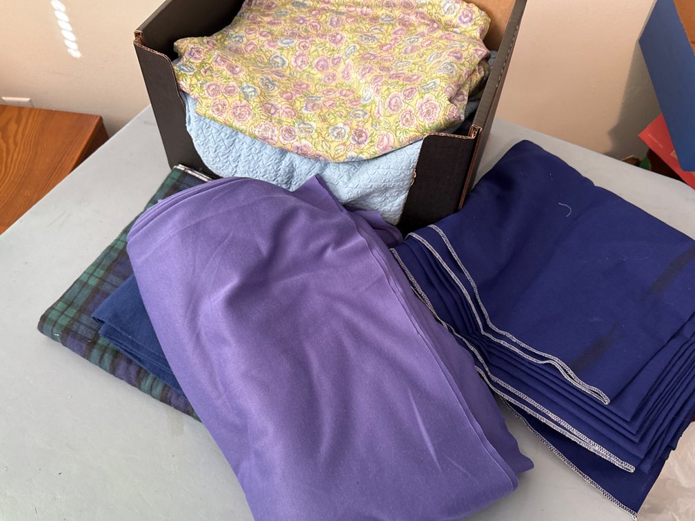 Box of Material with Blues, Purples