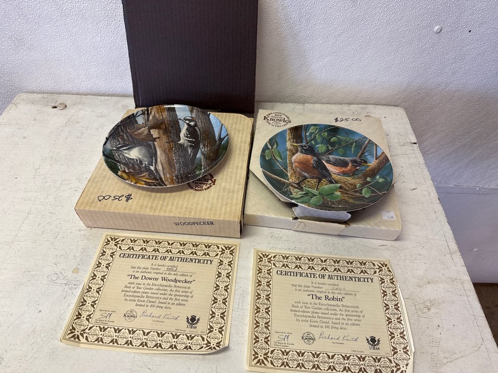 Decorative Plates By Kevin Daniel- The Downy Woodpecker And The Robin