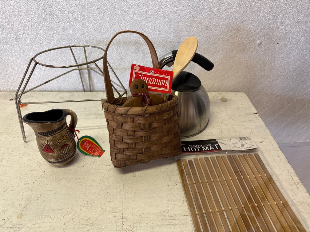 Kitchen Items- Bamboo Hot Pad, Tea Pot And Decor