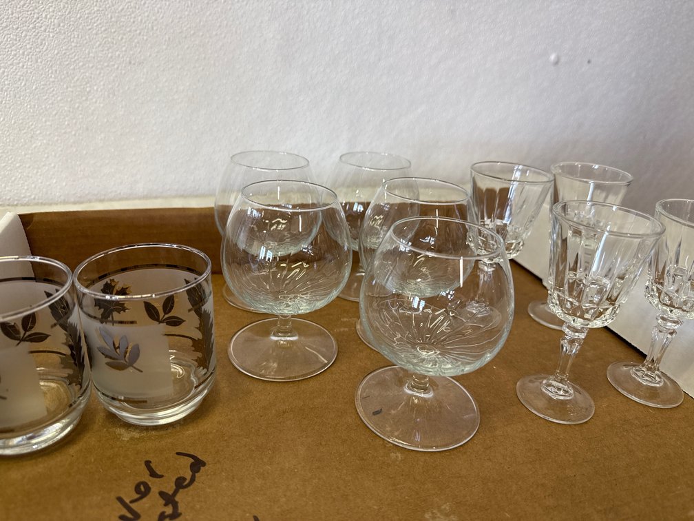 Barware- Vintage Brandy Snifter Glasses, Libbey Silver Leaf Tumbler And Goblets