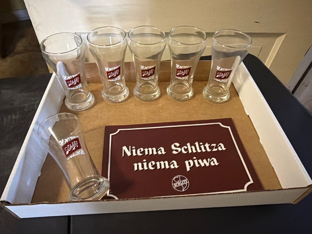 6 Schlitz Beer Glasses, Sign