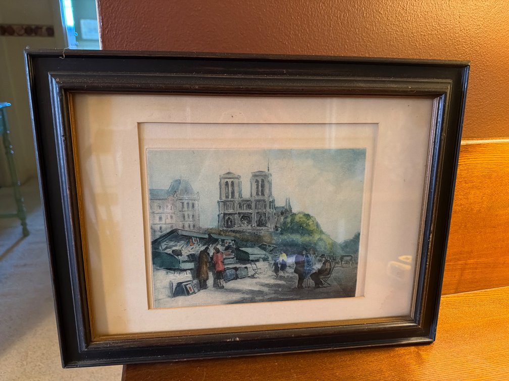 Vintage Lithograph Print of Notre-Dame Cathedral in Background-Market of Sellers