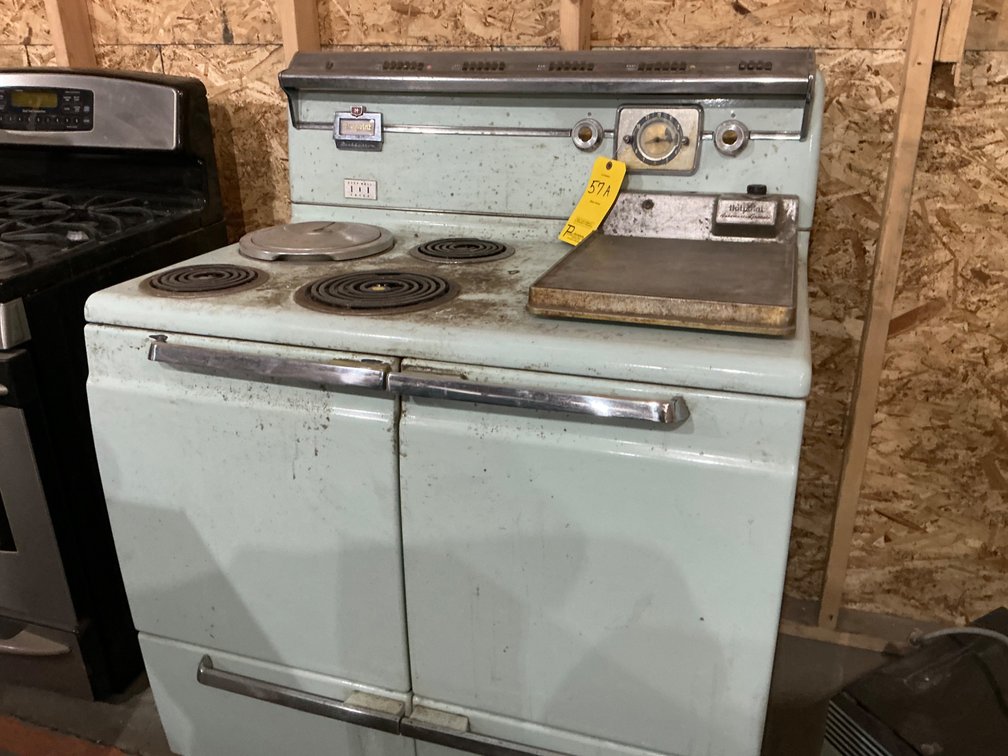 Vintage Blue Hot Point Push Button Electric Stove with Automatic Griddle and Deep Well Fryer (Broken Handle On Oven Door)