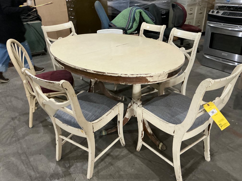 Vintage Painted Wooden Dining Table with (5) Matching Chairs - Approximately 40" x 58" with Additional Un Matched Chair and Shower Chair