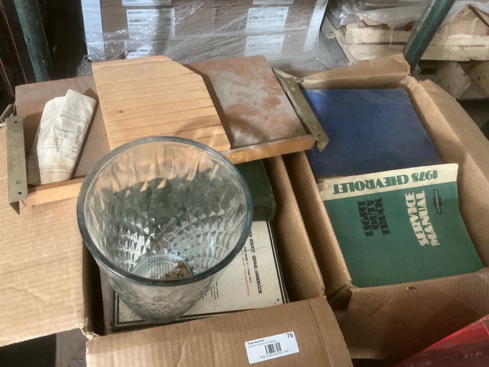 Under Counter Knife Storage Rack, (2) Boxes of Assorted Automotive Repair Manuals (Chiltons, Haynes, Motors, Etc) and Glass Vase