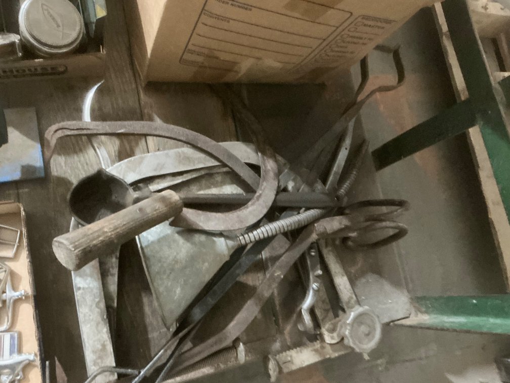 Vintage Hand Sickle, Metal Funnel, Smelting Ladle, Fireplace Tongs, Ice Block Tongs, (2) Valve Spring Compressors - New Britain VL140 and K-D Mfg. No. 880