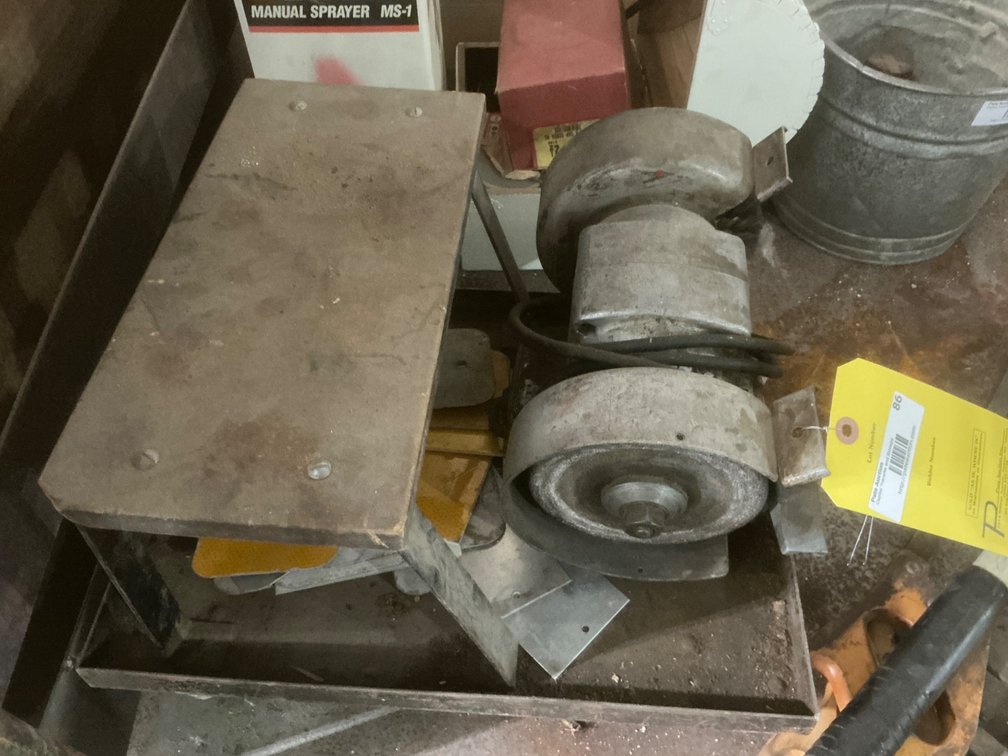 Black & Decker Dual Sided Corded Bench Grinder (Needs Cord Repair), Rolling Shop Stool and Assorted Reflectors
