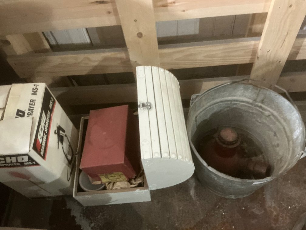Galvanized Bucket, Old Jack (No Handle), Small C-Clamp 2", Small Wooden Chest with Assorted Nails & Bolts and Echo MS-1 Manual Sprayer