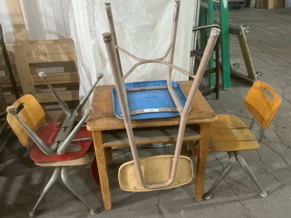 Child Sized Wooden Desk 23"W x 18"D x 23"H, (3) Assorted Children's Desk Chairs 13" Seat Height and (1) Desk Chair 18" Seat Height