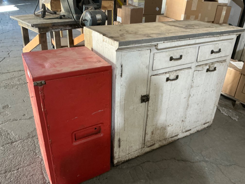 Vintage Kitchen Cupboard 42"W x 34"H x 19"D - Needs Repair, and Metal Shop Cabinet 15"W x 30"H x 15"D Containing a 3/8" Air Hose, Welding Mitts, An Older Corded Jig Saw and Other Miscellaneous