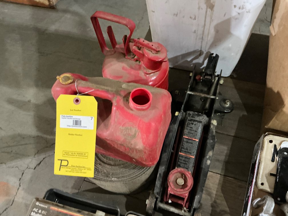 Vintage Just Rite Metal Fuel Can, 1-Gallon Poly Gas Can (No Lid), Floor Jack (No Handle) and Strap