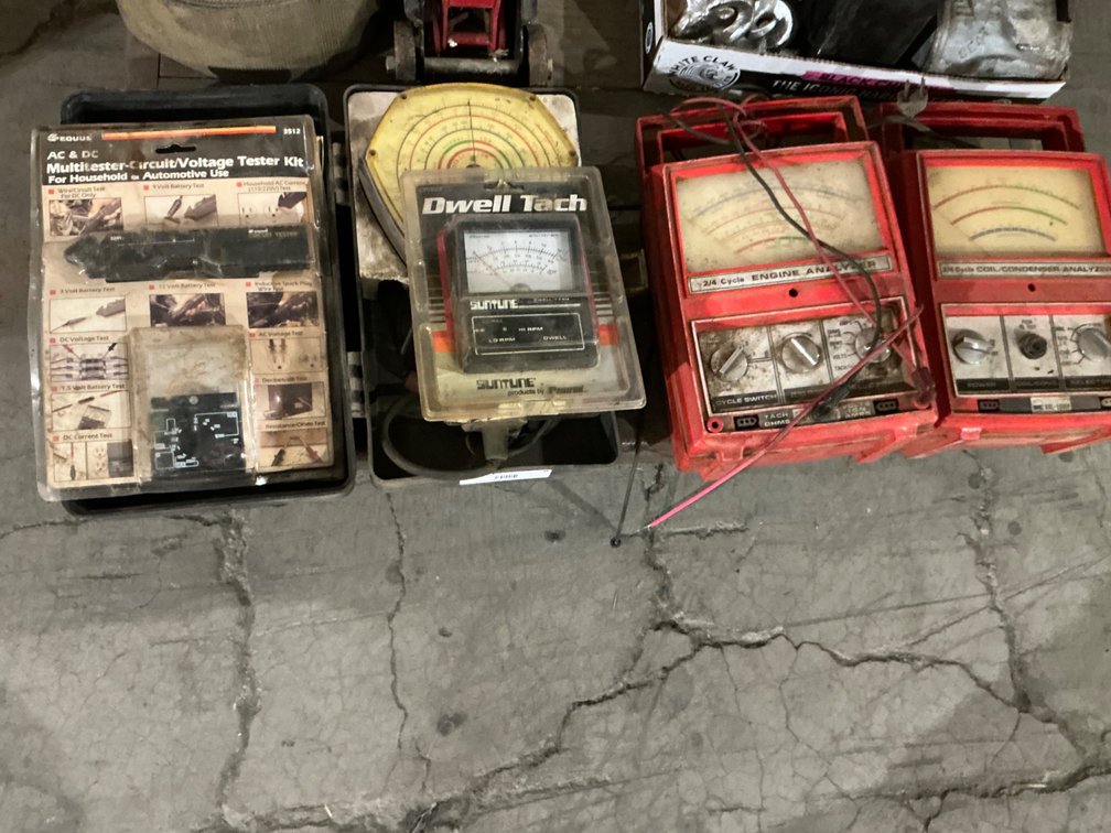 Kal-Equip Coil Condensor Analyzer, Kal-Equip Engine Analyzer, Suntune Dwell Tach, Select-A-Test Engine Analyzer and Volt Tester