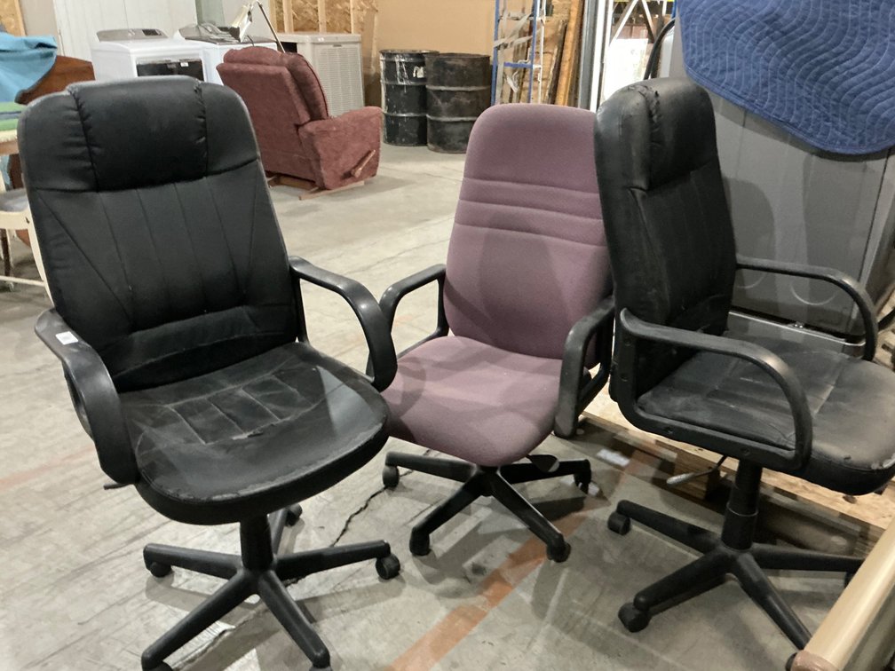 (2) Black Faux Leather Rolling Office Chairs (Peeling Pleather) and (1) Purple Cloth Rolling Office Chair