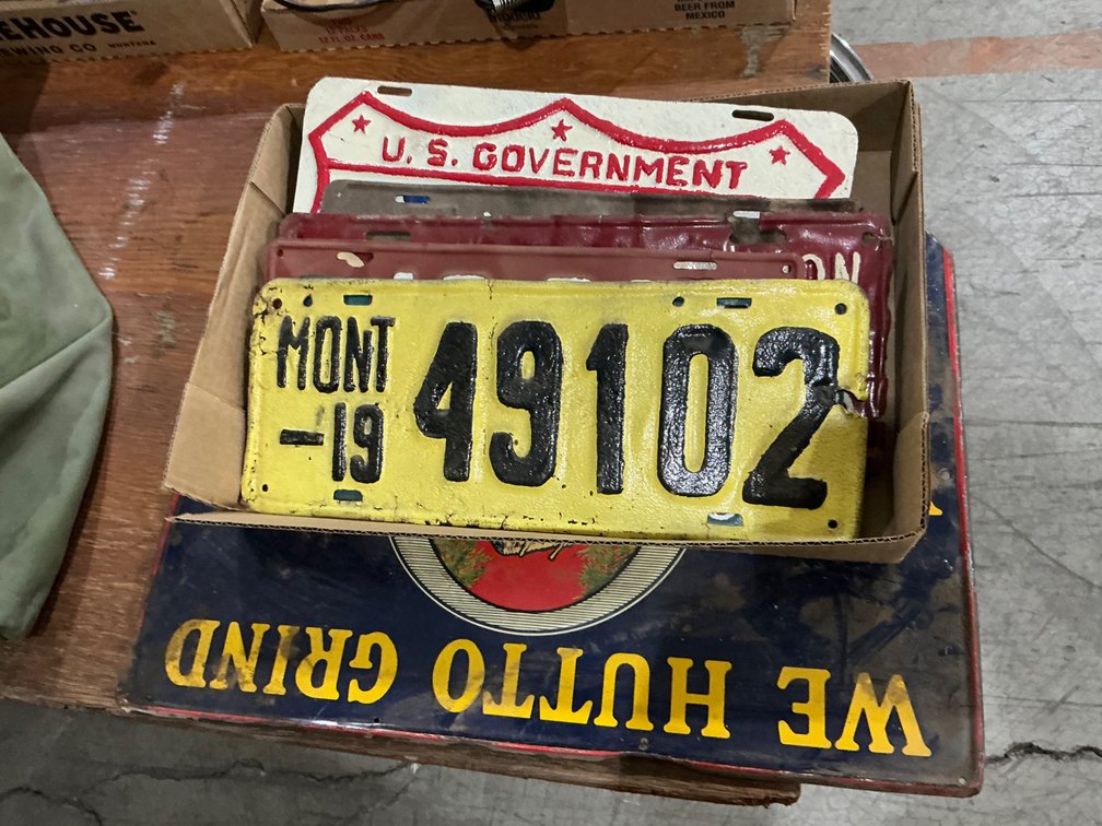 Approximately (6) Vintage License Plates and Vintage "The Factory Way" Metal Sign