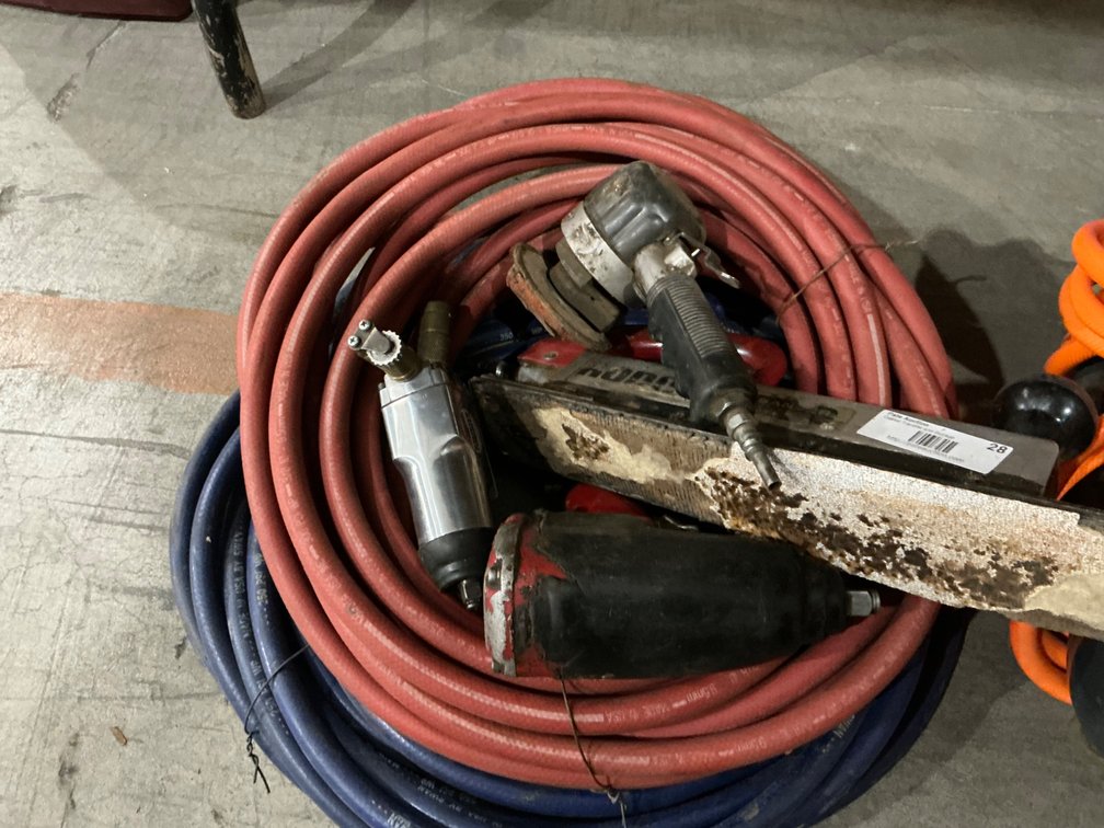 Rodac 8100 Air Board, Black & Decker Sander, Rodack 1/2" Pneumatic Impact Wrench, Campbell Hausfeld 3/8" Pneumatic Wrench and (2) Assorted Air Hoses
