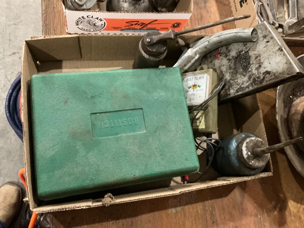Partial Drill Bit Set, (2) Vintage Oil Cans, Oil Can Spout, Battery Tester and Staple Gun with Case