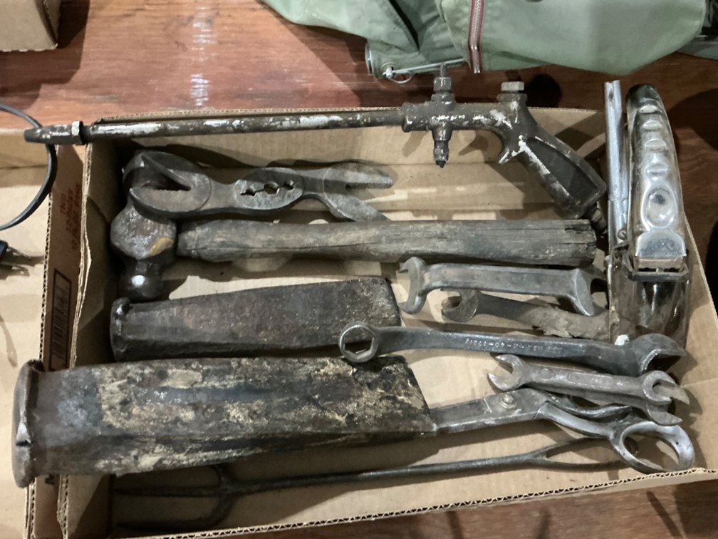 Assorted Wrenches, Hammer, Oil Can Spout, Ball Peen Hammer and Splitting Wedges