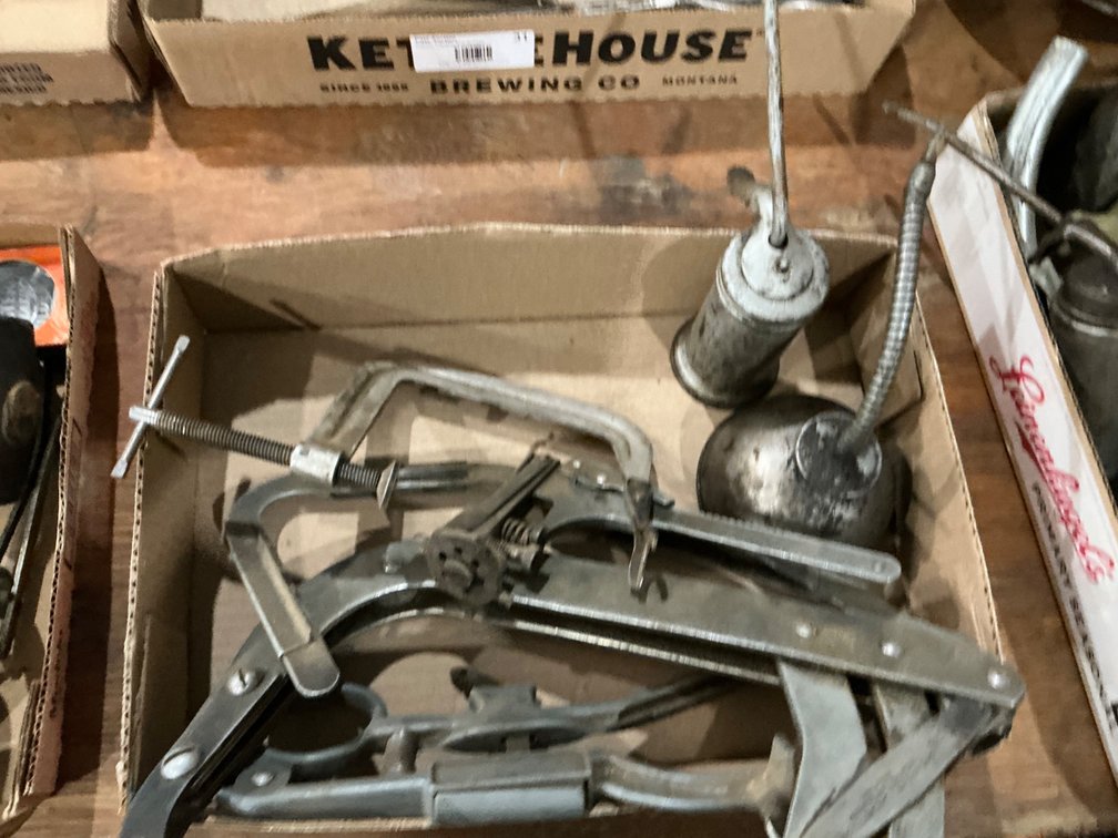 (2) Ring Groove Cleaners, (2) Valve Spring Compressors and (2) Vintage Oil Cans