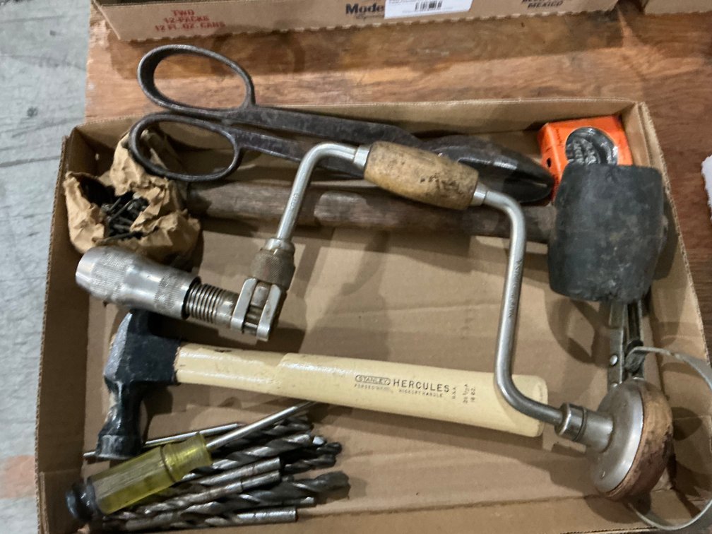 Hammers, Filter Wrench, Drill Bits, Tin Snips and Hand Crank Drill