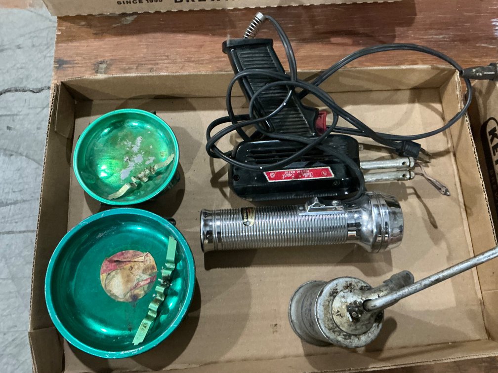 Electric Solder Gun, Vintage Oil Can, Vintage Flash Light and (2) Bean Bag Ashtrays