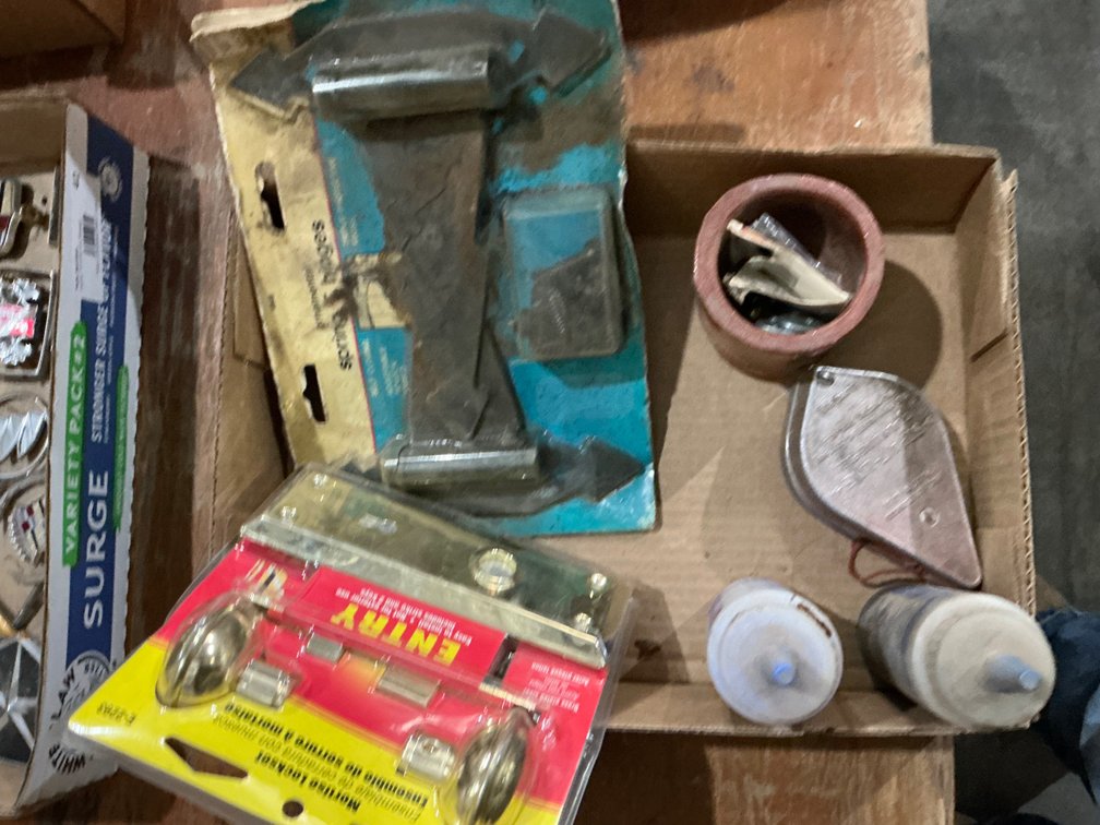 Entry Door Mortise Lockset, Set of Ornamental Spring T Hinges, Chalk Line and (2) Partial Bottles of Chalk and Other Miscellaneous