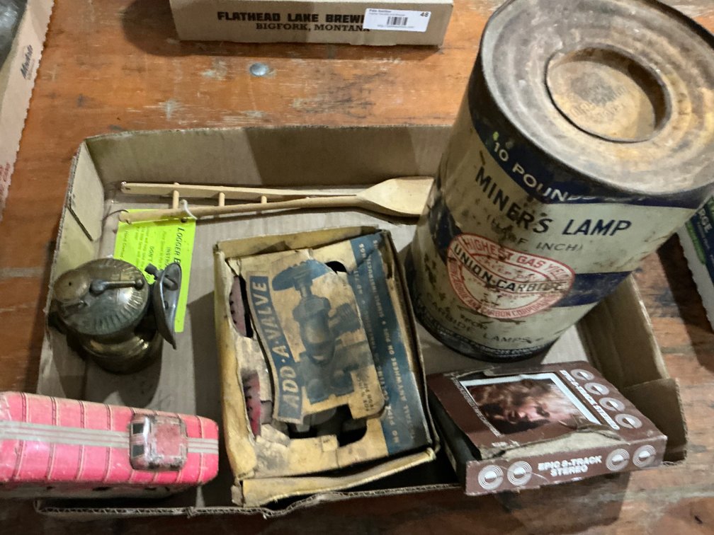Vintage Toy Train Car (Missing Pieces), Vintage Universal Lamp Co. Miners Lamp, Tammy Wynette 8-Track, Add-A-Valve Pipe Valve Kit and More