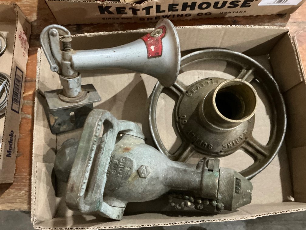 Vintage Hollywood Wolf Whistle Horn, Seattle Pacific Marine Supply Co. Gate Valve Hand Wheel and Akron 1-1/2" Flow Nozzle