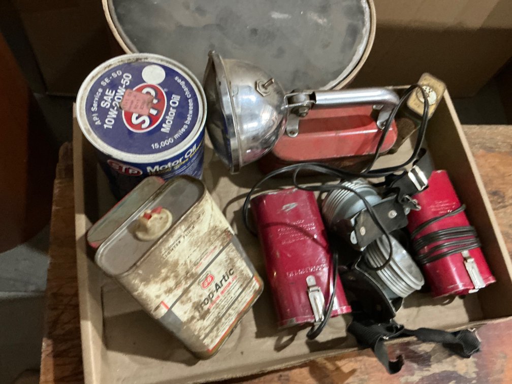 Big Beam Vintage Flashlight, Vintage Durkees Black Pepper Tin, (2) Vintage US Government Forester Head Lamps and More