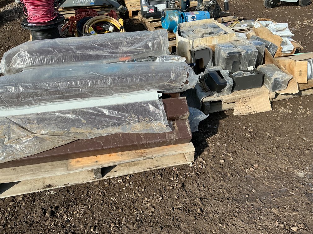 (2) Pallets of Assorted Deck Railing Parts - Assorted Colors (White, Black, Brown), Decorative Post Covers, Caps, Pickets, Etc.
