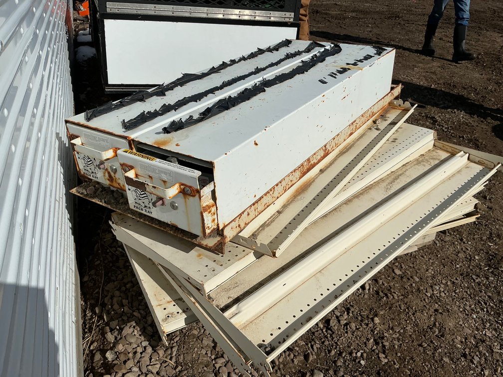Pallet - Approximately (20) Metal Shelves (No Racks or Rails To Put Shelves On), 48"L x 17"D and Weather Guard PackRat Slide Out Truck Bed Drawer Unit - 57"L x 21"W x 9"H Overall (One Drawer Doesn't Appear To Shut All The Way)