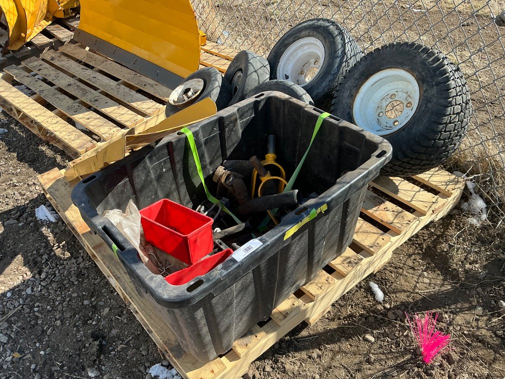 (7) Assorted Mower Tires & Wheels, Walker Mower Body Part and Tub Containing Assorted Mower Parts - Power Unit Parts, Wheel Forks, Pulleys, Etc. and Some Peg Board Hooks