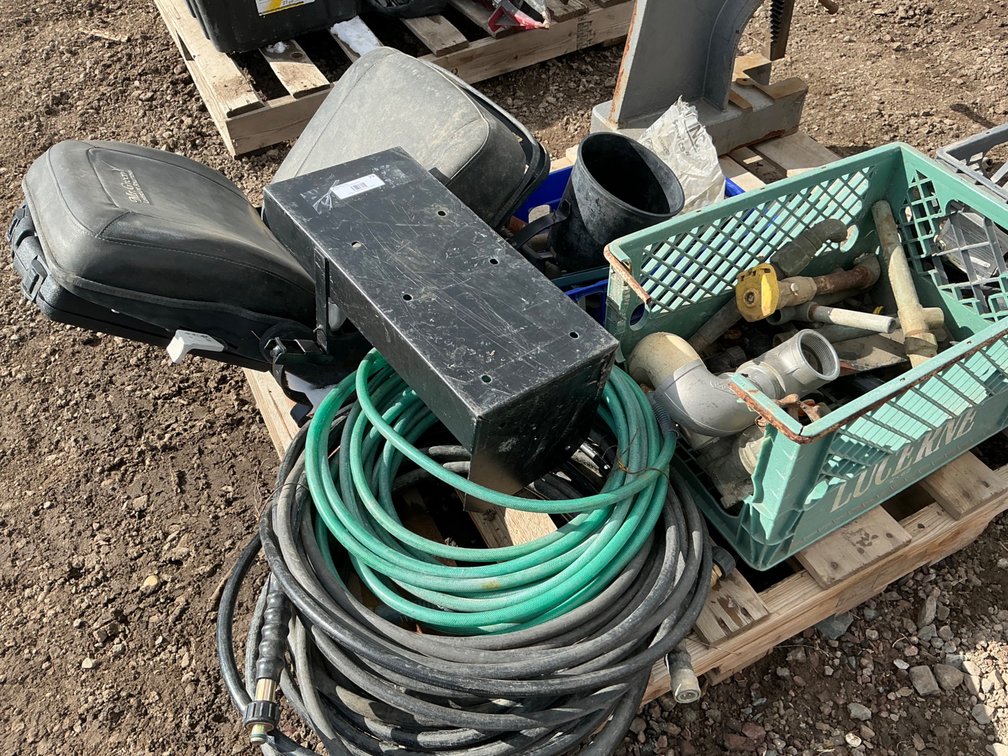 Pallet: Assorted Sprinkler Heads, Assorted Fittings, Mower Seat, Air Hose, Pressure Washer Hose and More