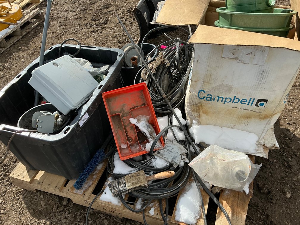 Pallet: Assorted Sprinkler Parts - Heads, Fittings, Clock, Etc., Assorted Plumbing Fittings, Submersible Pump & Wire, Rubber Mat, Valve Boxes, Etc.