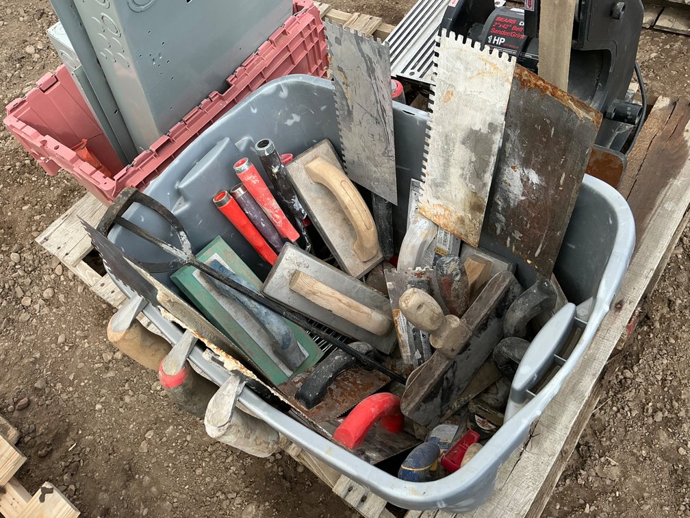 Tote of Assorted Drywall Tools - Trowels and Scrapers, Paint Rollers, Etc.