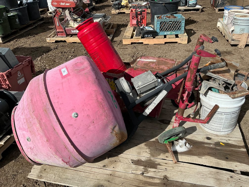 Force Concrete Mixer - Electric Motor (Missing Cart and Wheels), Edgetech International Edge Master (Missing Wheel, Rust), Chapin #1949 Concrete Sprayer and Bucket of Assorted Curbing Tools and Forms